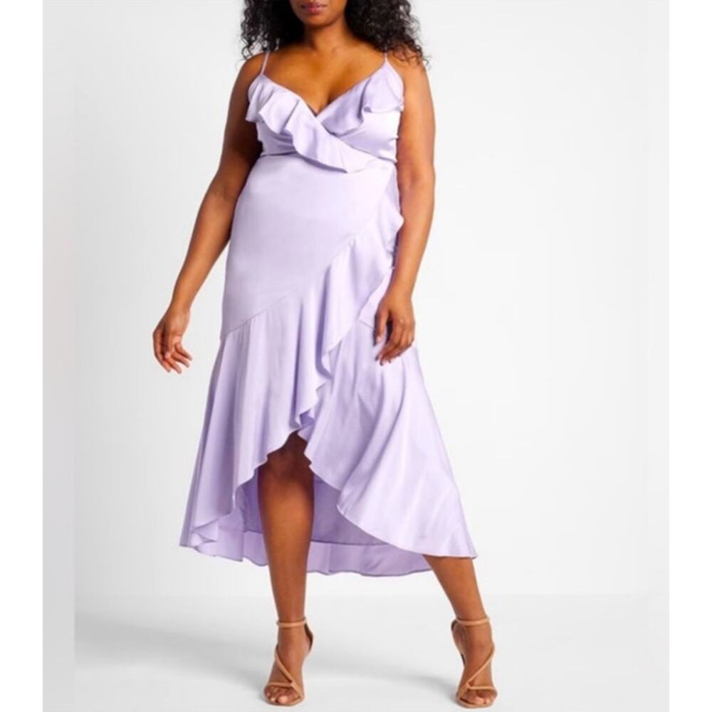 NWT Express Satin Lavender Ruffle Wrap Front Hi-Lo Maxi Dress Women's L Wedding